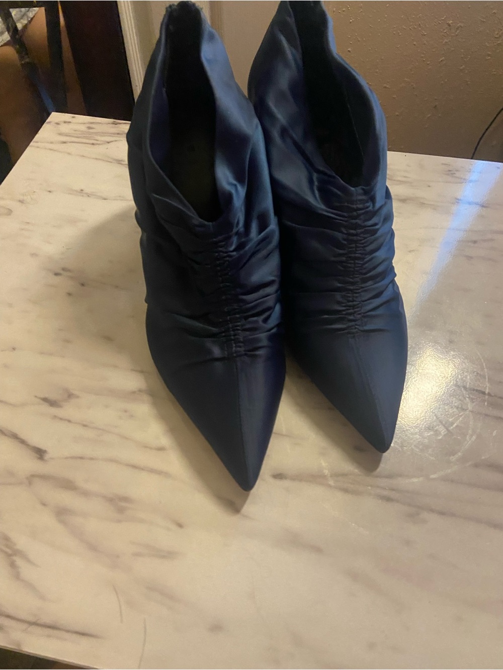 Zara Navy Pointed Ruched Ankle Boots